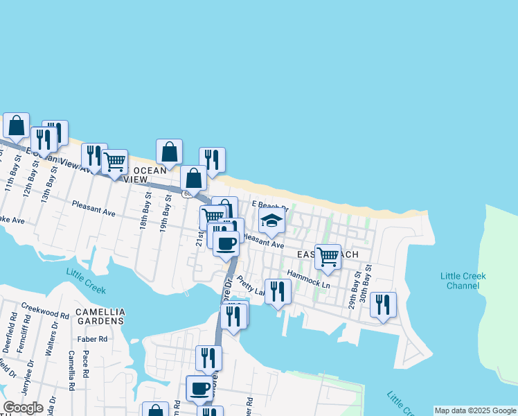 map of restaurants, bars, coffee shops, grocery stores, and more near 9666 23rd Bay Street in Norfolk