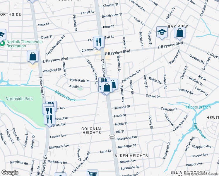 map of restaurants, bars, coffee shops, grocery stores, and more near 8500 Chesapeake Boulevard in Norfolk