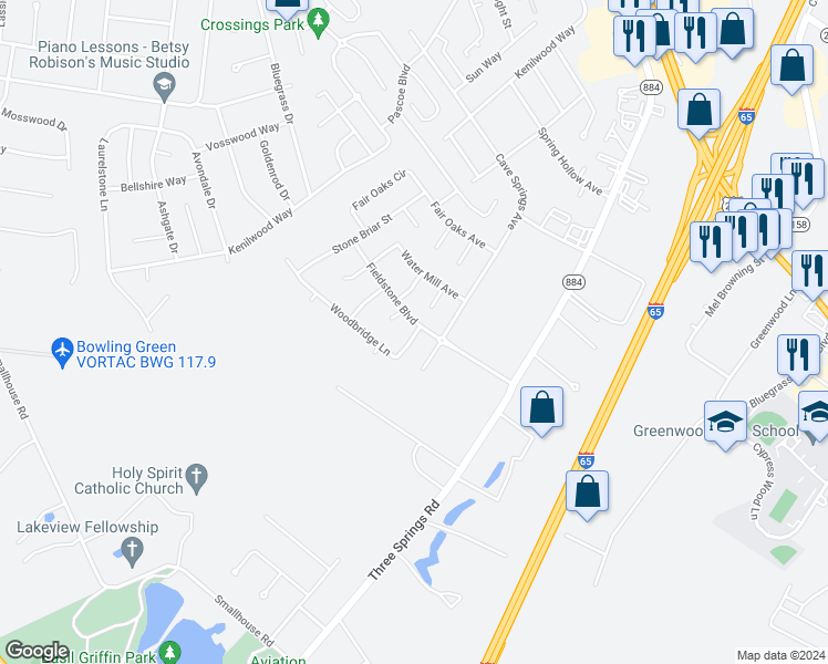 map of restaurants, bars, coffee shops, grocery stores, and more near 3603 Woodbridge Lane in Bowling Green