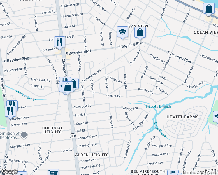 map of restaurants, bars, coffee shops, grocery stores, and more near in Norfolk