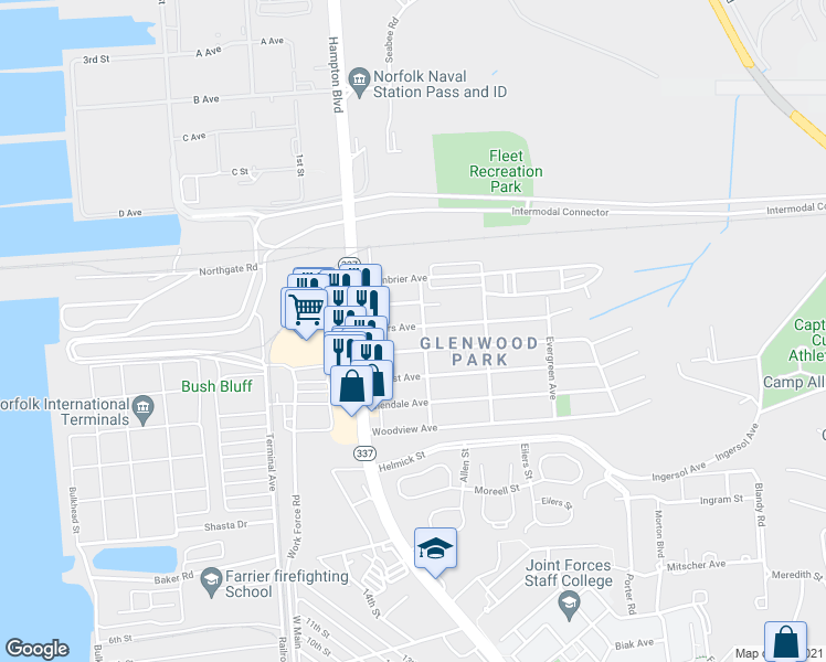 map of restaurants, bars, coffee shops, grocery stores, and more near 139 Rogers Avenue in Norfolk