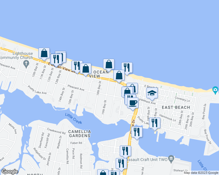 map of restaurants, bars, coffee shops, grocery stores, and more near 9622 19th Bay Street in Norfolk