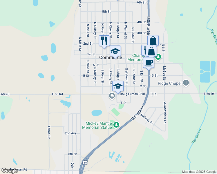 map of restaurants, bars, coffee shops, grocery stores, and more near 400 C Street in Commerce