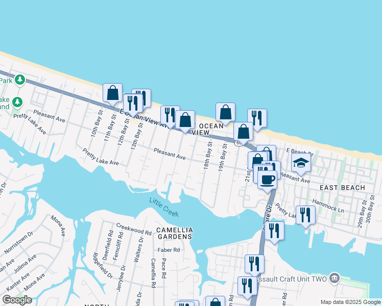 map of restaurants, bars, coffee shops, grocery stores, and more near 9610 16th Bay Street in Norfolk