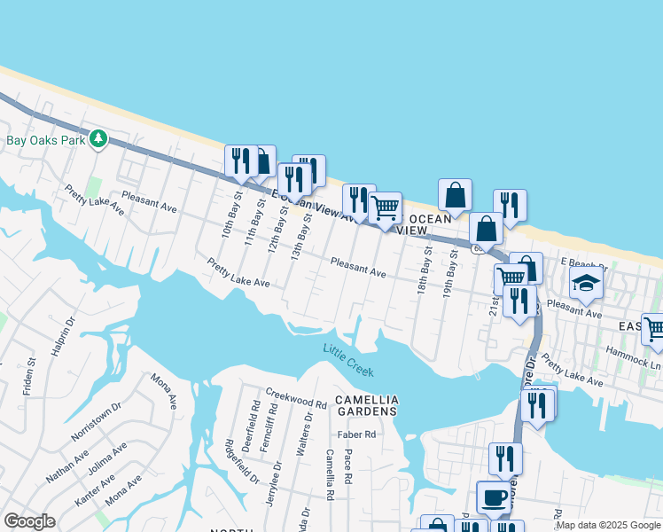 map of restaurants, bars, coffee shops, grocery stores, and more near 9574 14th Bay Street in Norfolk