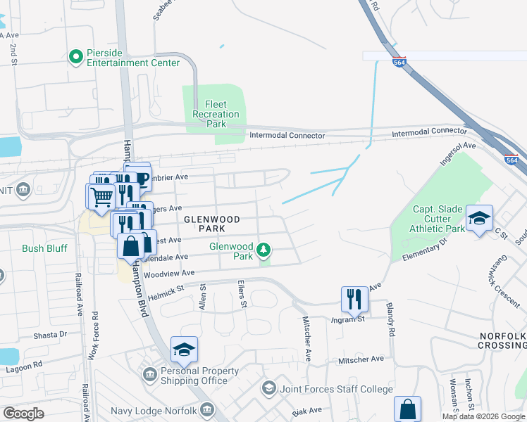 map of restaurants, bars, coffee shops, grocery stores, and more near 8411 Boush Creek Avenue in Norfolk