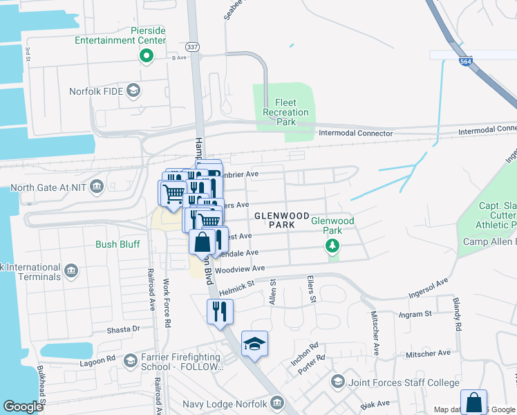 map of restaurants, bars, coffee shops, grocery stores, and more near 223 Rogers Avenue in Norfolk