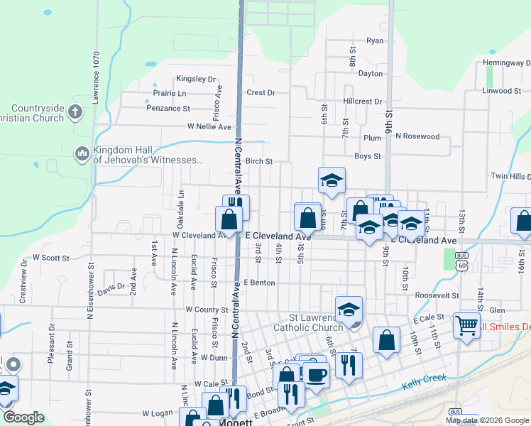 map of restaurants, bars, coffee shops, grocery stores, and more near 1011 3rd Street in Monett