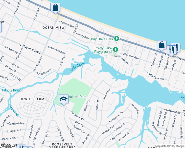 map of restaurants, bars, coffee shops, grocery stores, and more near 2117 Mervis Street in Norfolk