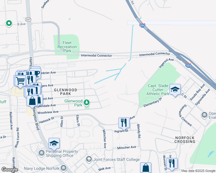 map of restaurants, bars, coffee shops, grocery stores, and more near 537 Beechwood Avenue in Norfolk