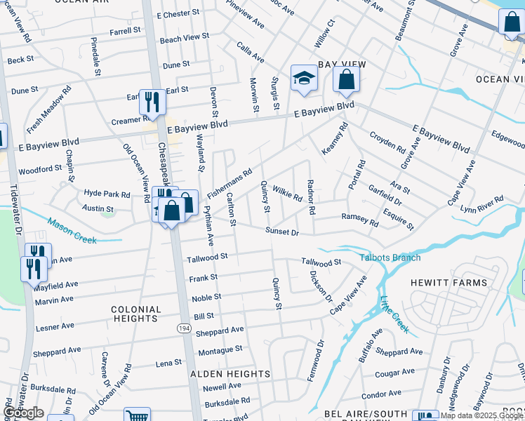 map of restaurants, bars, coffee shops, grocery stores, and more near 8457 Quincy Street in Norfolk