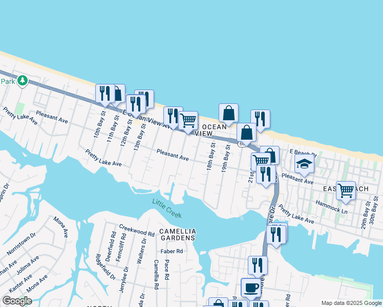 map of restaurants, bars, coffee shops, grocery stores, and more near 9611 17th Bay Street in Norfolk