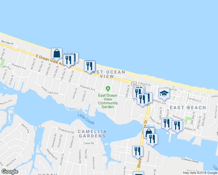 map of restaurants, bars, coffee shops, grocery stores, and more near 9617 18th Bay Street in Norfolk