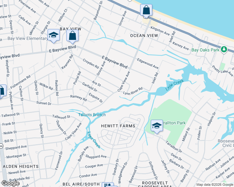 map of restaurants, bars, coffee shops, grocery stores, and more near 8468 Cape View Avenue in Norfolk