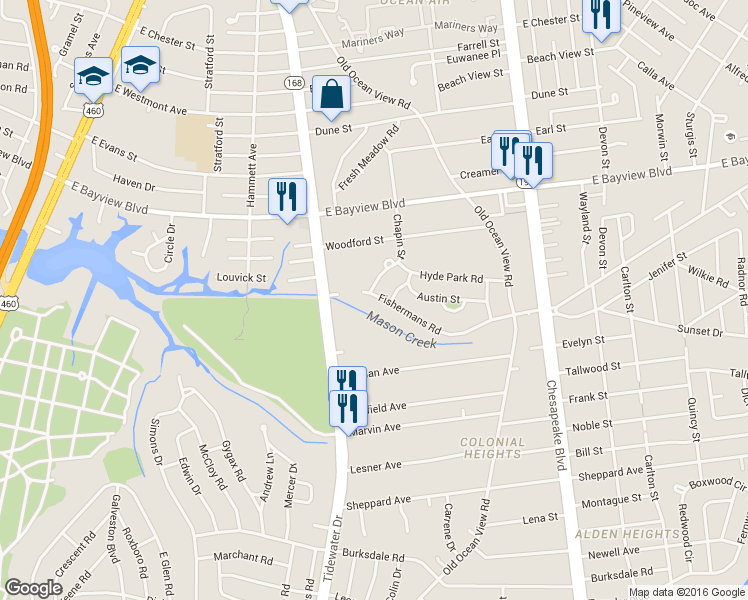 map of restaurants, bars, coffee shops, grocery stores, and more near 425 Fishermans Road in Norfolk