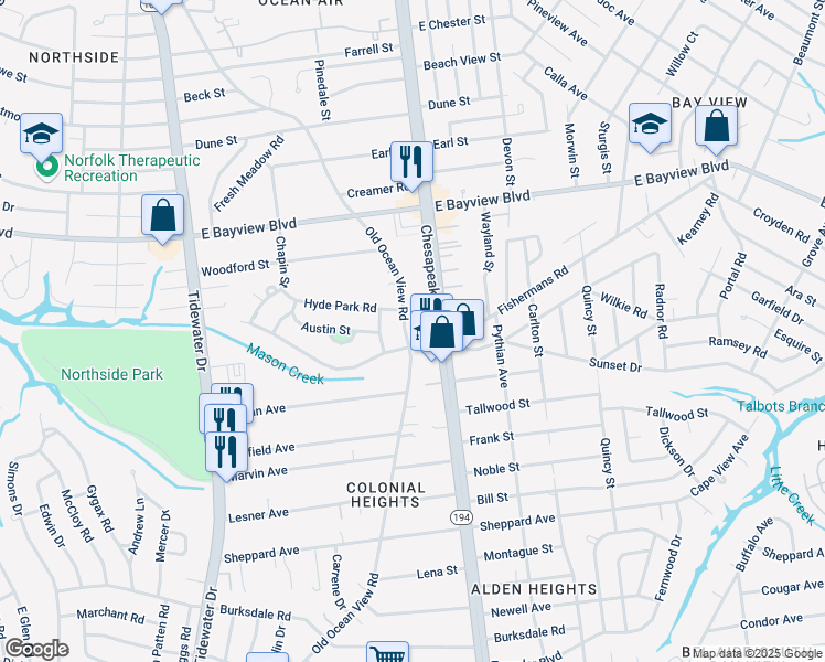 map of restaurants, bars, coffee shops, grocery stores, and more near 8506 Old Ocean View Road in Norfolk