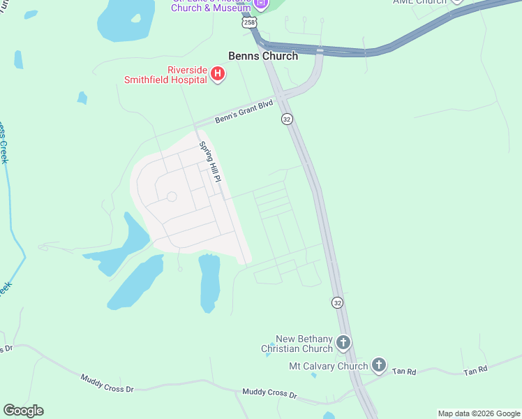 map of restaurants, bars, coffee shops, grocery stores, and more near 15150 Benns Church Boulevard in Smithfield