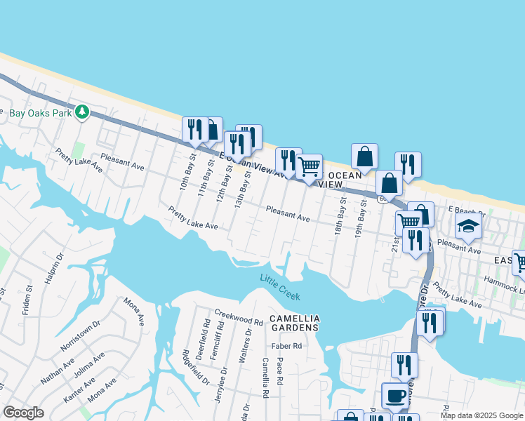 map of restaurants, bars, coffee shops, grocery stores, and more near 9574 14th Bay Street in Norfolk