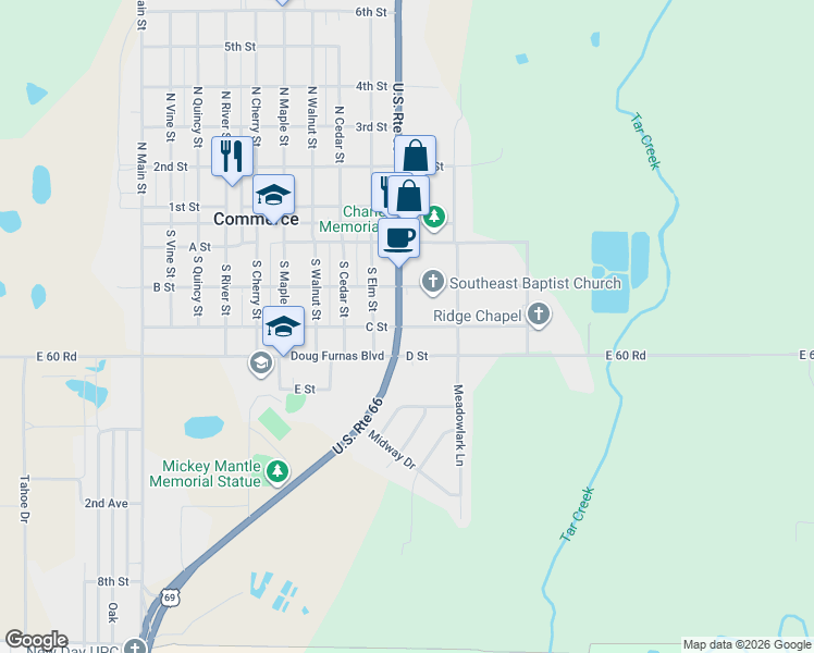 map of restaurants, bars, coffee shops, grocery stores, and more near 402 South Mickey Mantle Boulevard in Commerce
