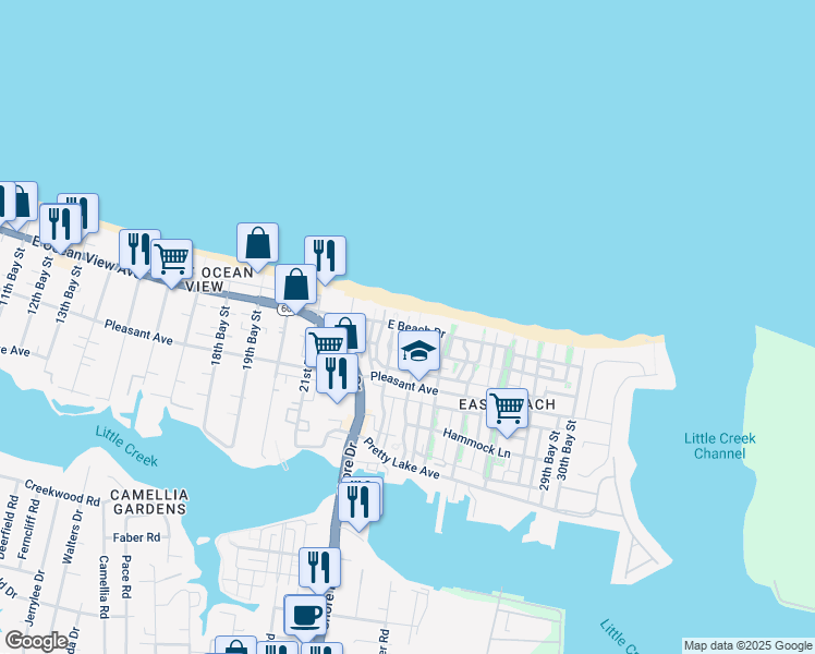map of restaurants, bars, coffee shops, grocery stores, and more near 4370 East Beach Drive in Norfolk