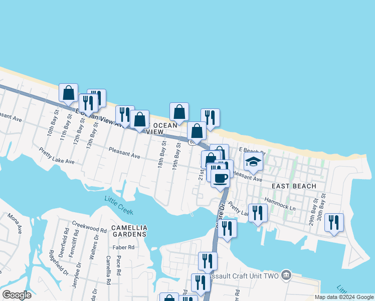 map of restaurants, bars, coffee shops, grocery stores, and more near 9626 20th Bay Street in Norfolk