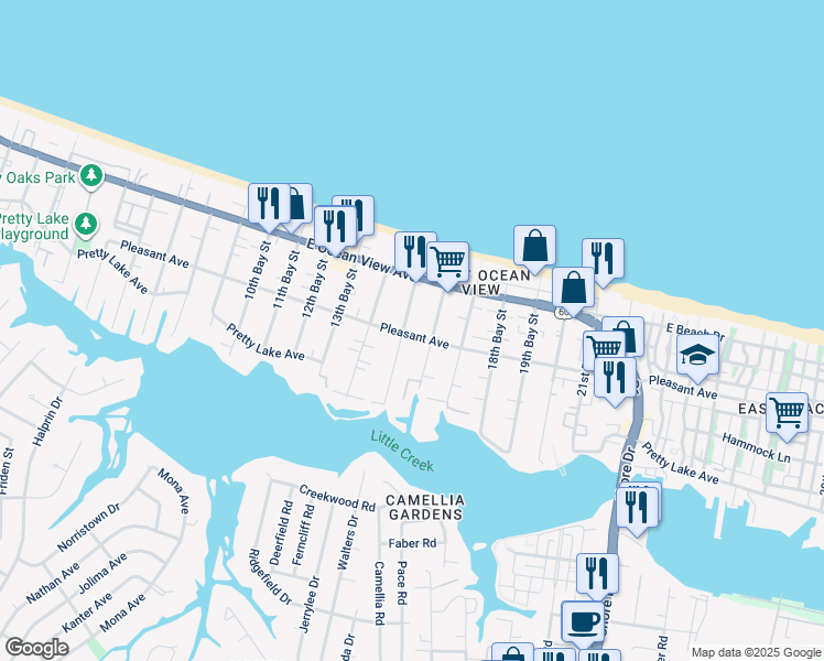 map of restaurants, bars, coffee shops, grocery stores, and more near 3510 Pleasant Avenue in Norfolk
