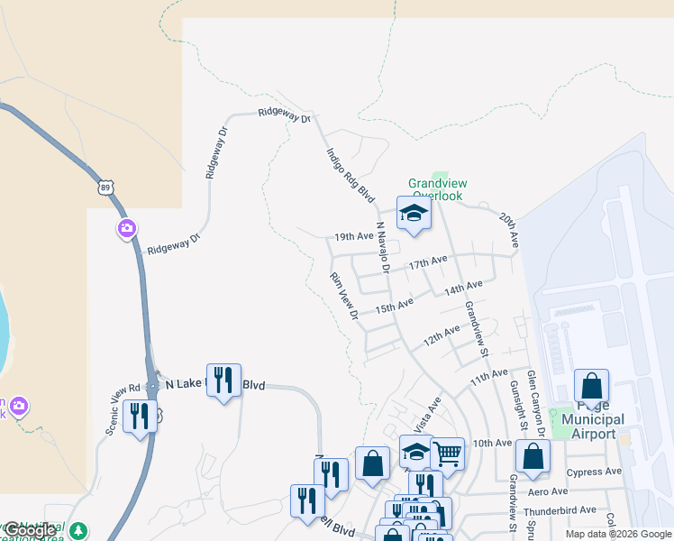 map of restaurants, bars, coffee shops, grocery stores, and more near 1601 Rim View Drive in Page