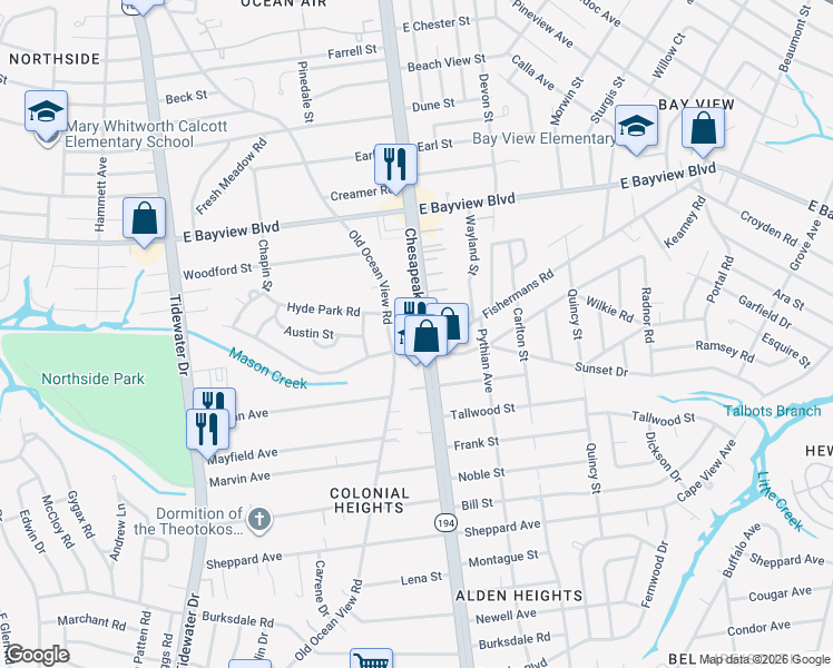 map of restaurants, bars, coffee shops, grocery stores, and more near 8500 Chesapeake Boulevard in Norfolk