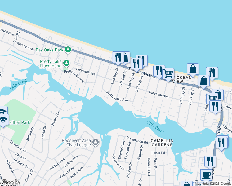 map of restaurants, bars, coffee shops, grocery stores, and more near 3014 Pretty Lake Avenue in Norfolk