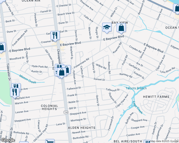 map of restaurants, bars, coffee shops, grocery stores, and more near 8456 Jane Way in Norfolk