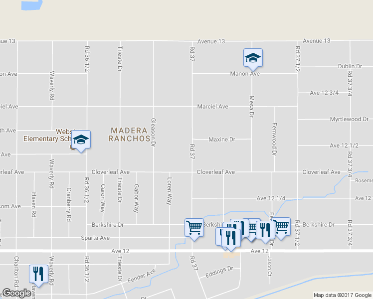map of restaurants, bars, coffee shops, grocery stores, and more near 12476 Road 37 in Madera