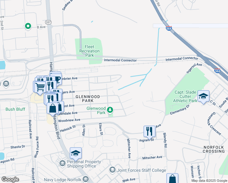 map of restaurants, bars, coffee shops, grocery stores, and more near 8411 Boush Creek Avenue in Norfolk