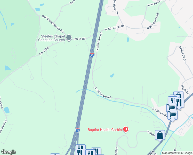map of restaurants, bars, coffee shops, grocery stores, and more near 457 Scuffletown Road in Corbin