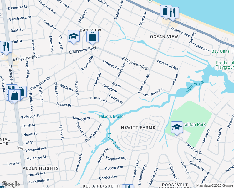 map of restaurants, bars, coffee shops, grocery stores, and more near 1813 Garfield Drive in Norfolk