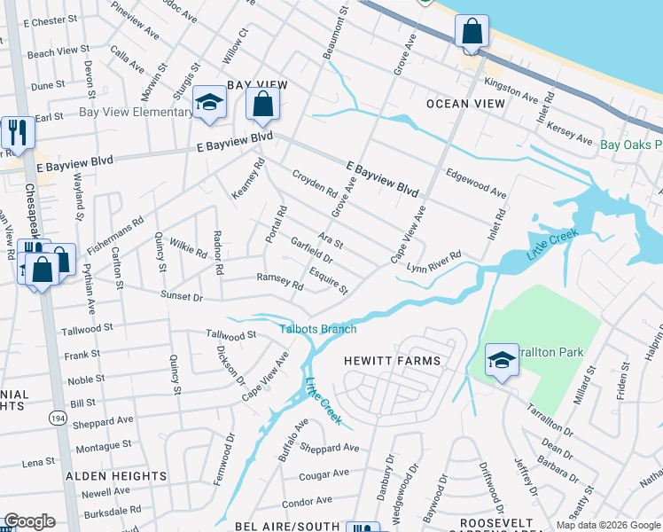 map of restaurants, bars, coffee shops, grocery stores, and more near 1813 Garfield Drive in Norfolk