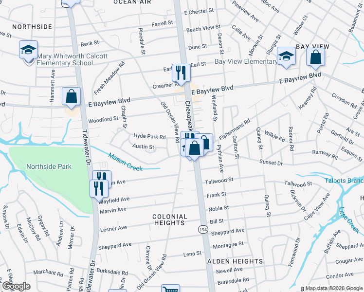 map of restaurants, bars, coffee shops, grocery stores, and more near 8506 Old Ocean View Road in Norfolk
