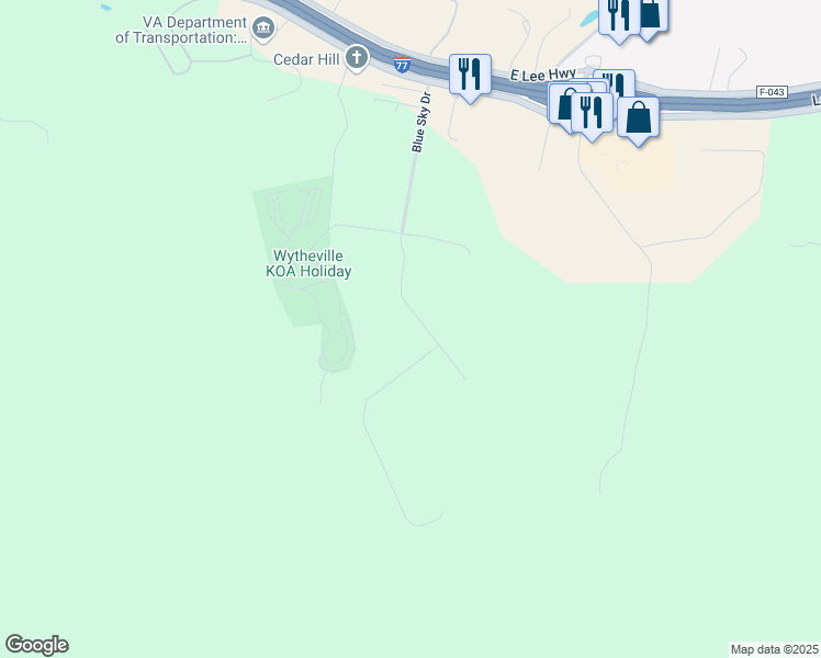 map of restaurants, bars, coffee shops, grocery stores, and more near 385 Blue Sky Drive in Wytheville