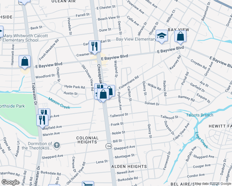 map of restaurants, bars, coffee shops, grocery stores, and more near 1025 Fishermans Road in Norfolk