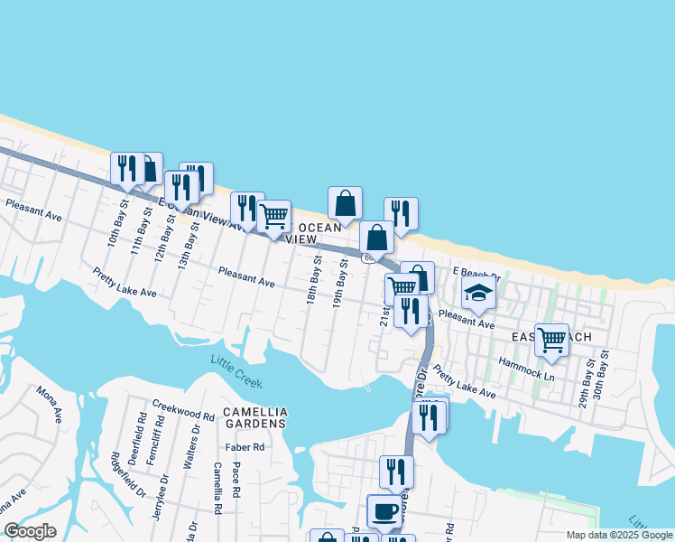 map of restaurants, bars, coffee shops, grocery stores, and more near 9625 19th Bay Street in Norfolk