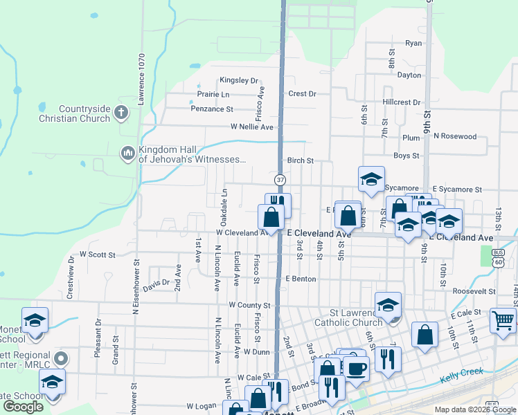 map of restaurants, bars, coffee shops, grocery stores, and more near 200 West Park Street in Monett