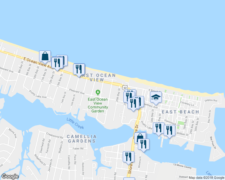 map of restaurants, bars, coffee shops, grocery stores, and more near 9628 19th Bay Street in Norfolk