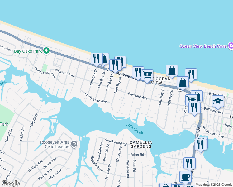map of restaurants, bars, coffee shops, grocery stores, and more near 9562 13th Bay Street in Norfolk