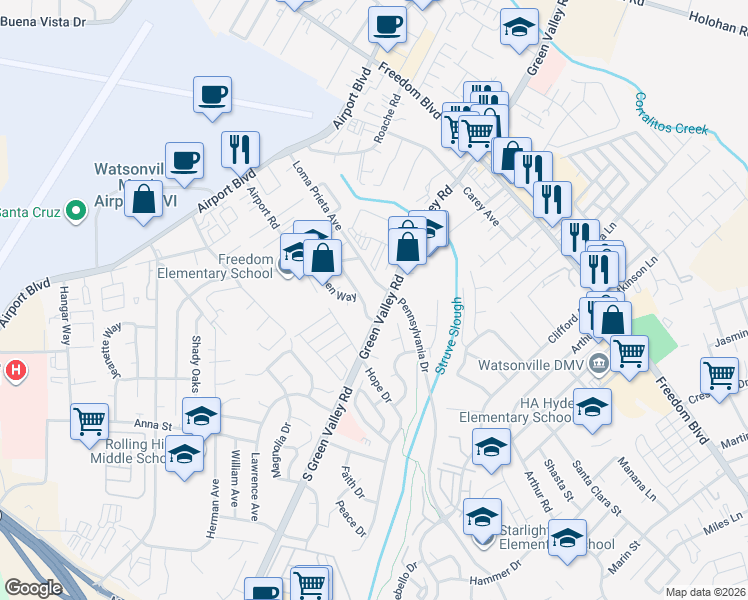 map of restaurants, bars, coffee shops, grocery stores, and more near in Watsonville