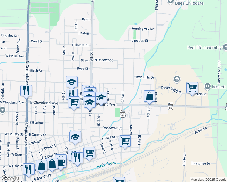 map of restaurants, bars, coffee shops, grocery stores, and more near 910 12th Street in Monett