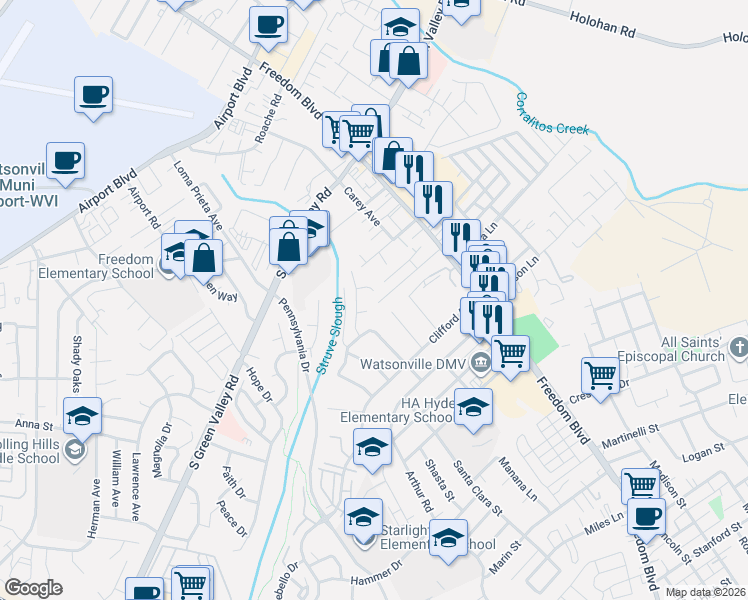map of restaurants, bars, coffee shops, grocery stores, and more near 115 Kelly Court in Watsonville