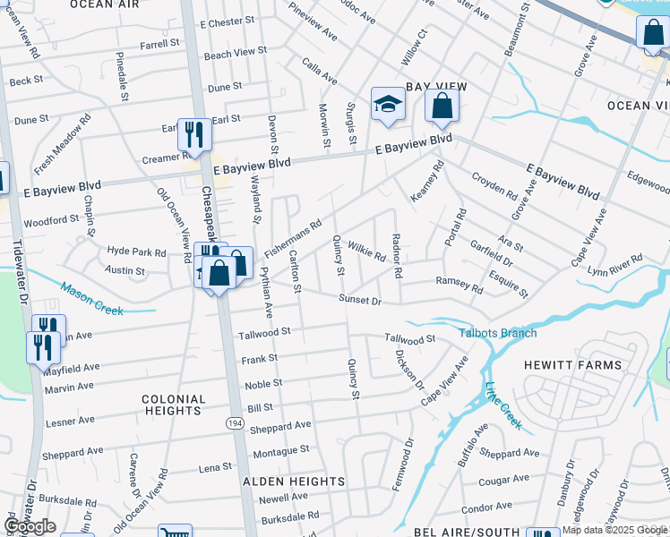 map of restaurants, bars, coffee shops, grocery stores, and more near 8456 Jane Way in Norfolk