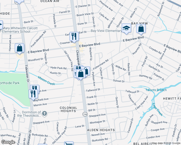 map of restaurants, bars, coffee shops, grocery stores, and more near 1025 Fishermans Road in Norfolk