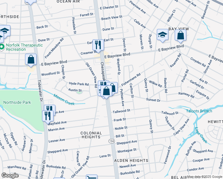 map of restaurants, bars, coffee shops, grocery stores, and more near 8500 Chesapeake Boulevard in Norfolk