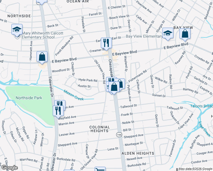map of restaurants, bars, coffee shops, grocery stores, and more near 8506 Old Ocean View Road in Norfolk