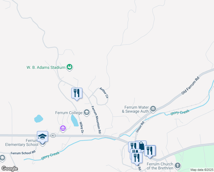 map of restaurants, bars, coffee shops, grocery stores, and more near 115 Owens Drive in Ferrum